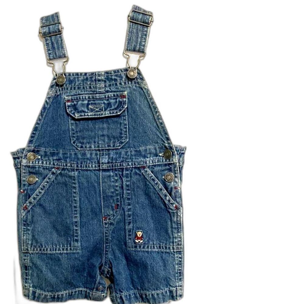CARTERS Denim Jean Shortalls Overalls TEDDY BEAR Snap Bottom Buckle 12 Months